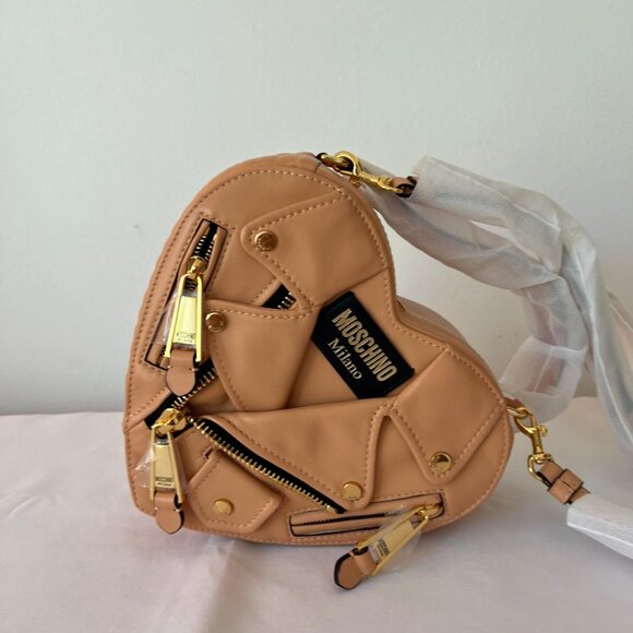 SS22 MOSCHINO Couture Jeremy Scott Peach Heart Shaped Leather Biker Jacket Bag - Picture 3 of 14